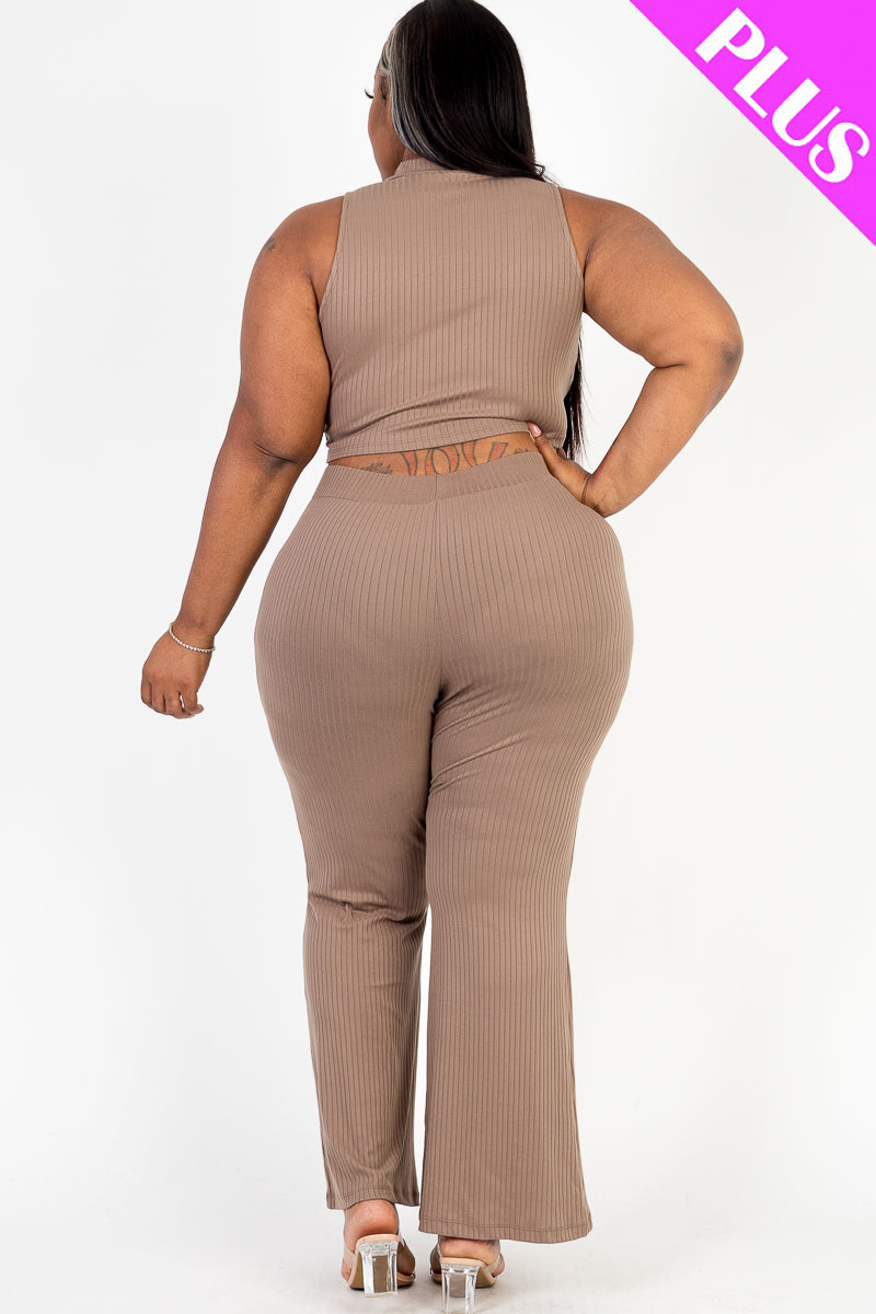 Plus Size Ribbed Mock Neck Crop Tank Top& Bootcut Pants Set - Capella Apparel