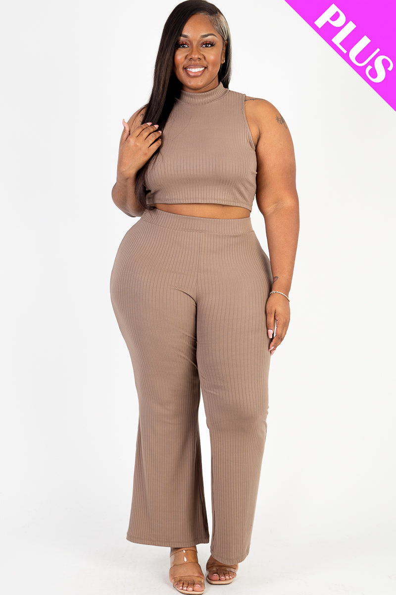 Plus Size Ribbed Mock Neck Crop Tank Top& Bootcut Pants Set (CAPELLA) - Capella Apparel