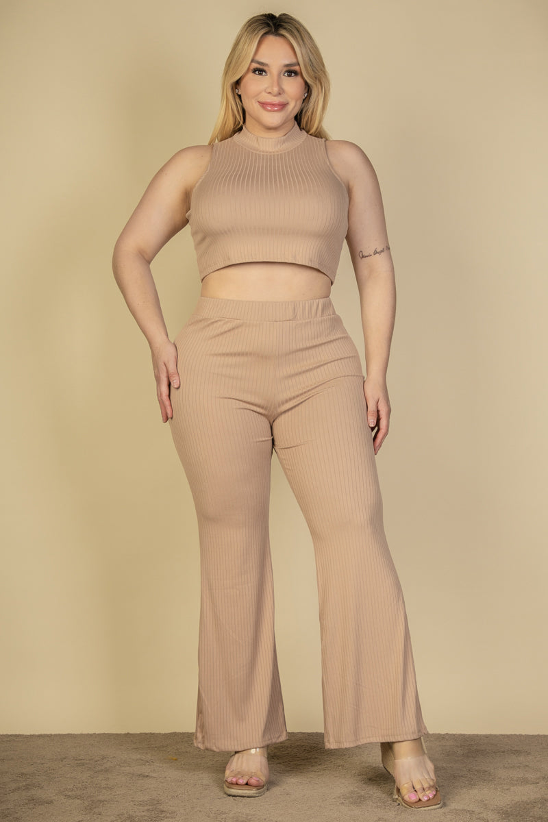 Plus Size Ribbed Mock Neck Crop Tank Top& Bootcut Pants Set (CAPELLA) - Capella Apparel