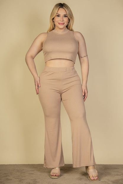 Plus Size Ribbed Mock Neck Crop Tank Top& Bootcut Pants Set (CAPELLA) - Capella Apparel