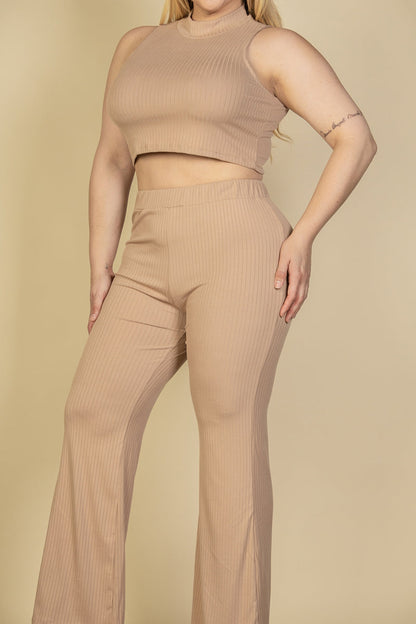 Plus Size Ribbed Mock Neck Crop Tank Top& Bootcut Pants Set (CAPELLA) - Capella Apparel