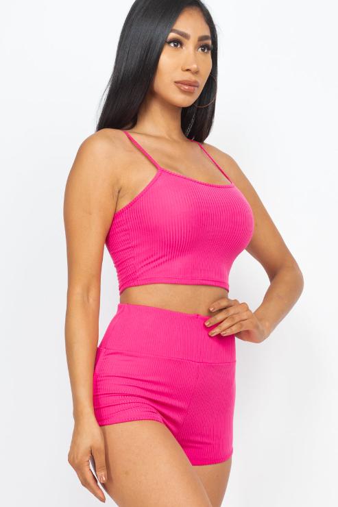 Ribbed Cami Crop Top & Ruched Shorts Set - Wholesale Capella Apparel