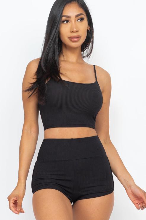 Ribbed Cami Crop Top & Ruched Shorts Set - Wholesale Capella Apparel