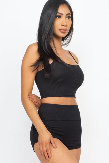 Ribbed Cami Crop Top & Ruched Shorts Set - Wholesale Capella Apparel