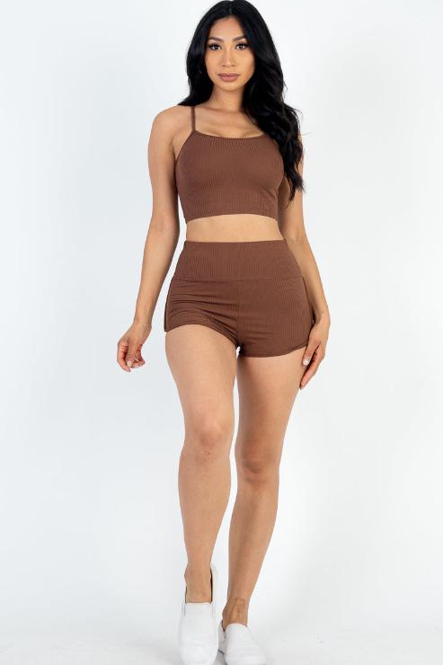 Ribbed Cami Crop Top & Ruched Shorts Set - Wholesale Capella Apparel