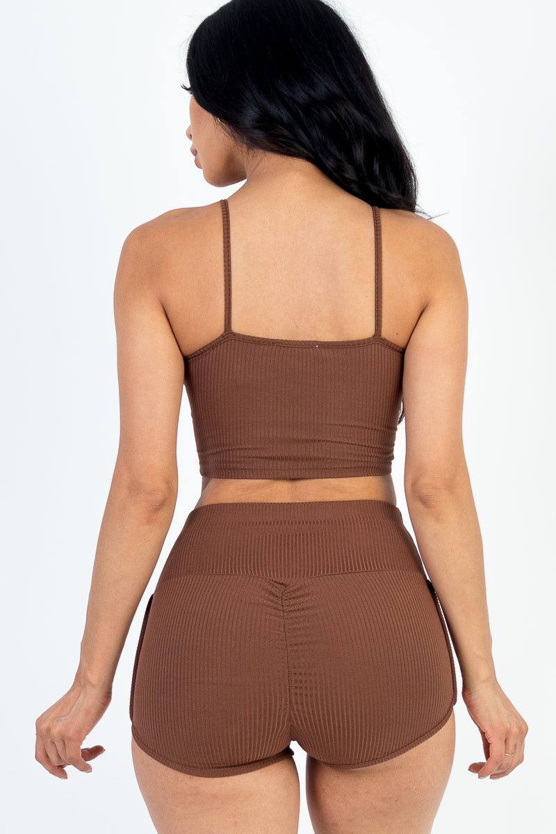 Ribbed Cami Crop Top & Ruched Shorts Set(CAPELLA) - Capella Apparel