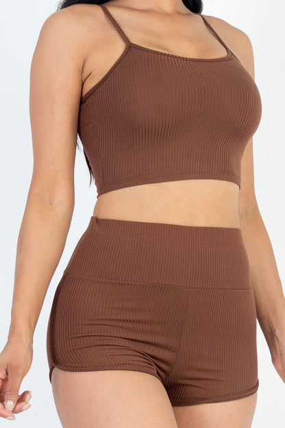 Ribbed Cami Crop Top & Ruched Shorts Set(CAPELLA) - Capella Apparel