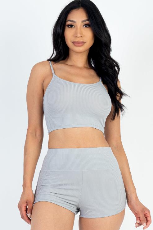 Ribbed Cami Crop Top & Ruched Shorts Set - Wholesale Capella Apparel