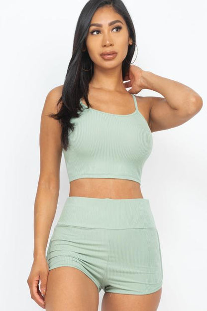 Ribbed Cami Crop Top & Ruched Shorts Set - Wholesale Capella Apparel