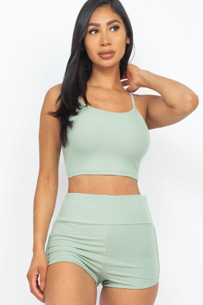 Ribbed Cami Crop Top & Ruched Shorts Set(CAPELLA) - Capella Apparel