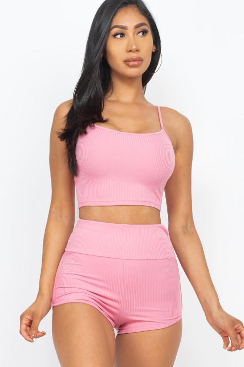 Ribbed Cami Crop Top & Ruched Shorts Set - Wholesale Capella Apparel