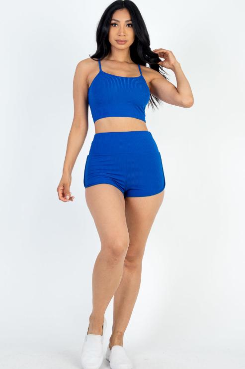 Ribbed Cami Crop Top & Ruched Shorts Set - Wholesale Capella Apparel