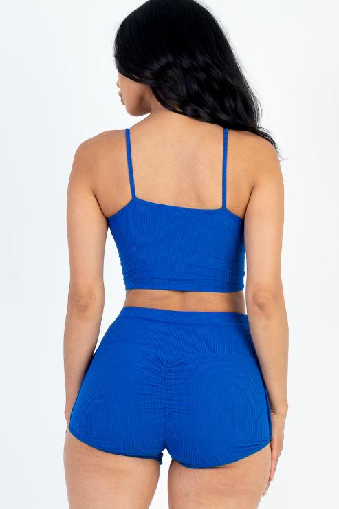 Ribbed Cami Crop Top & Ruched Shorts Set - Wholesale Capella Apparel