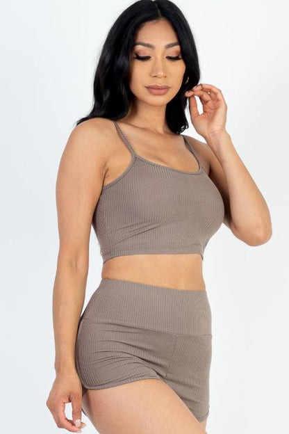 Ribbed Cami Crop Top & Ruched Shorts Set - Wholesale Capella Apparel