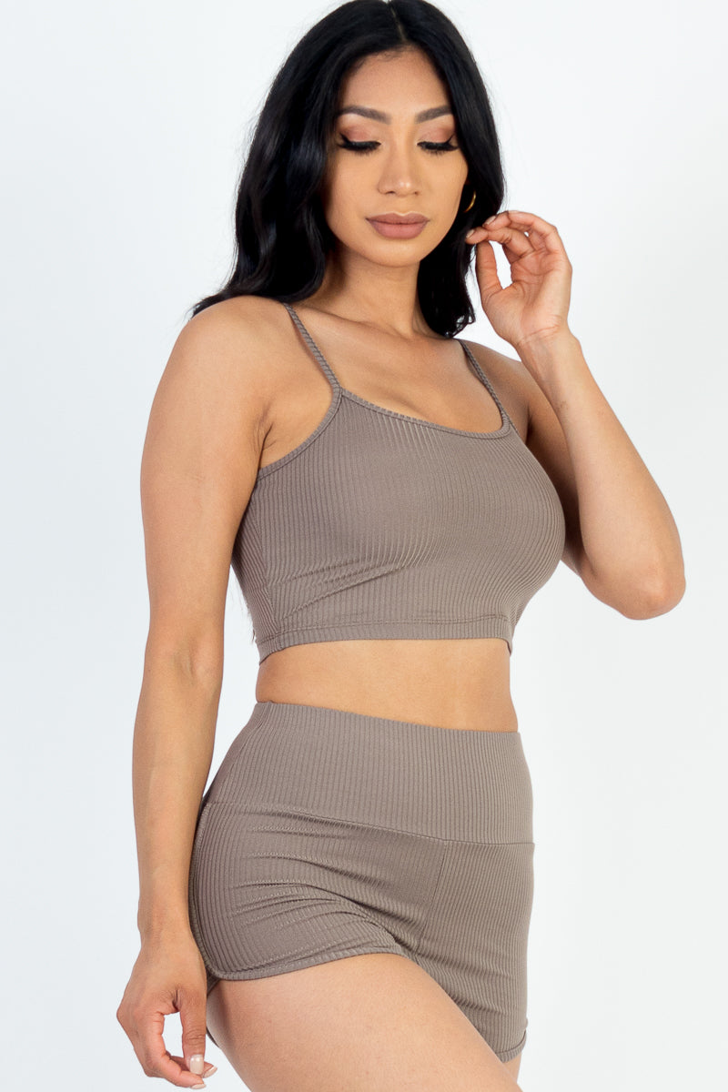 Ribbed Cami Crop Top & Ruched Shorts Set(CAPELLA) - Capella Apparel