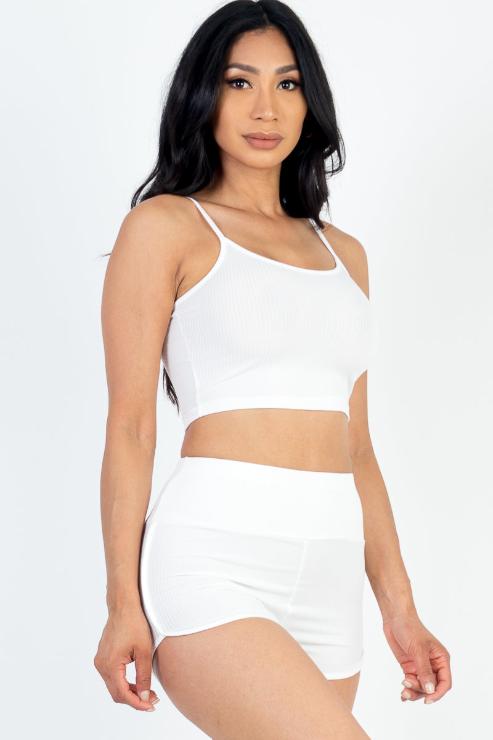 Ribbed Cami Crop Top & Ruched Shorts Set - Wholesale Capella Apparel