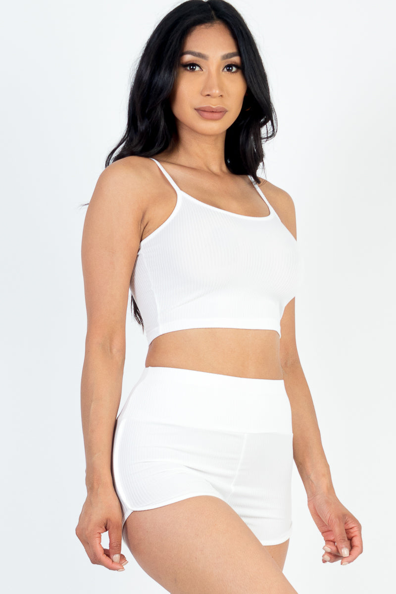 Ribbed Cami Crop Top & Ruched Shorts Set(CAPELLA) - Capella Apparel