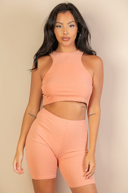 Ribbed Cropped Tank Top and Biker Shorts Sets (CAPELLA) - Capella Apparel