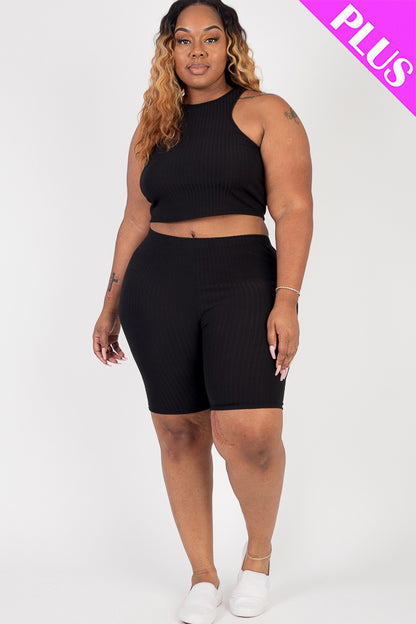 Plus Size Ribbed Cropped Tank Top and Biker Shorts Set - Capella Apparel