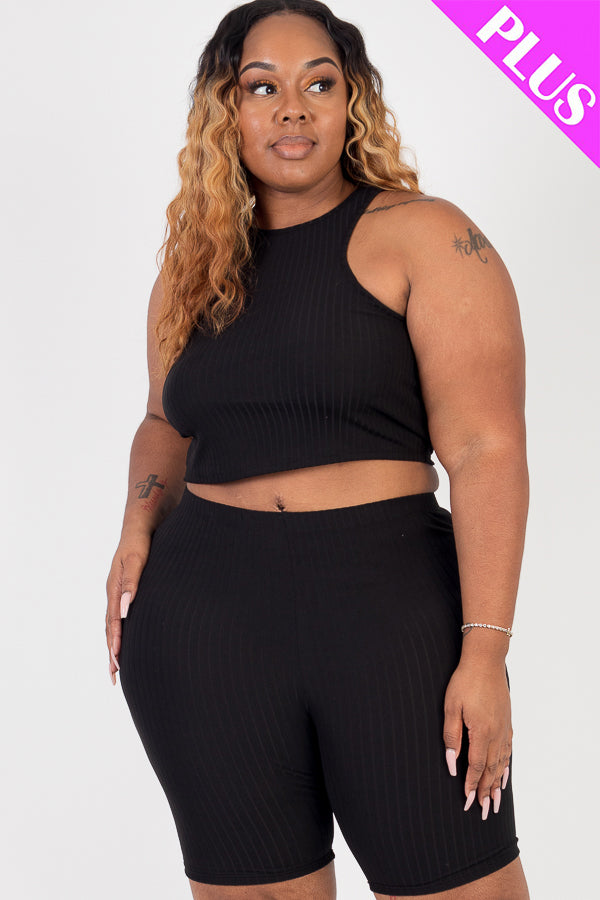 Plus Size Ribbed Cropped Tank Top and Biker Shorts Set - Capella Apparel