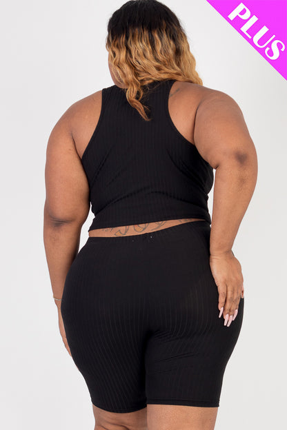 Plus Size Ribbed Cropped Tank Top and Biker Shorts Set - Capella Apparel