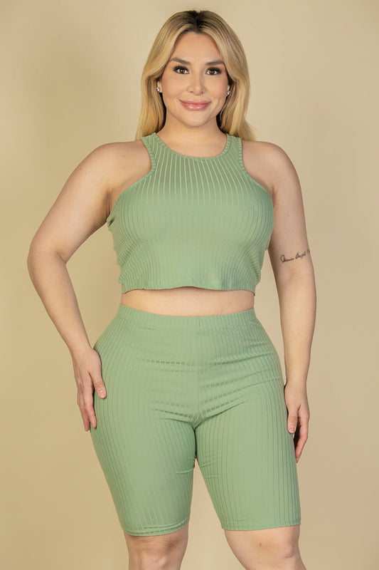 Plus Size Ribbed Cropped Tank Top and Biker Shorts Set (CAPELLA) - Capella Apparel