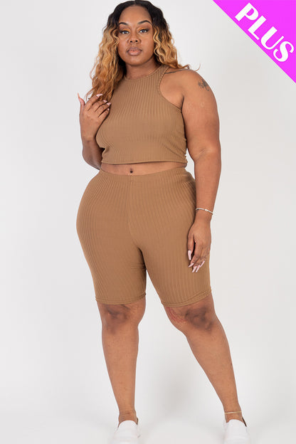 Plus Size Ribbed Cropped Tank Top and Biker Shorts Set - Capella Apparel