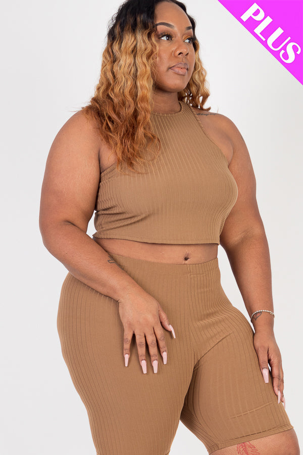 Plus Size Ribbed Cropped Tank Top and Biker Shorts Set - Capella Apparel