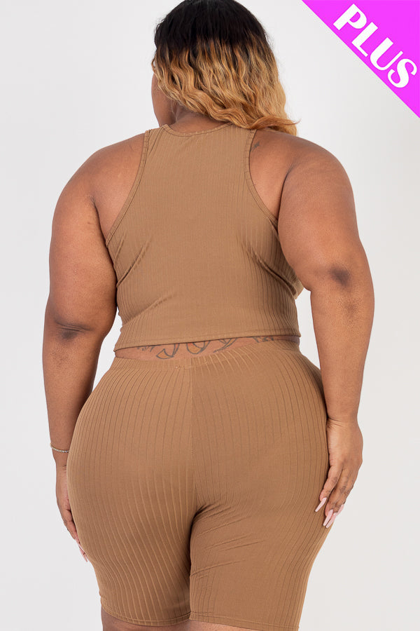 Plus Size Ribbed Cropped Tank Top and Biker Shorts Set - Capella Apparel