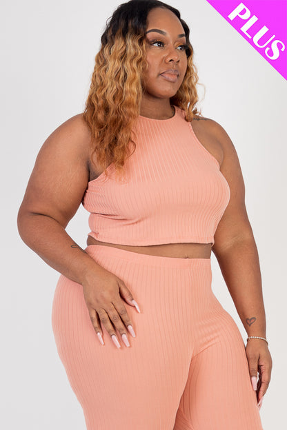 Plus Size Ribbed Cropped Tank Top and Biker Shorts Set - Capella Apparel