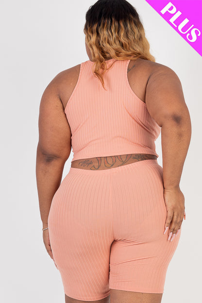 Plus Size Ribbed Cropped Tank Top and Biker Shorts Set - Capella Apparel