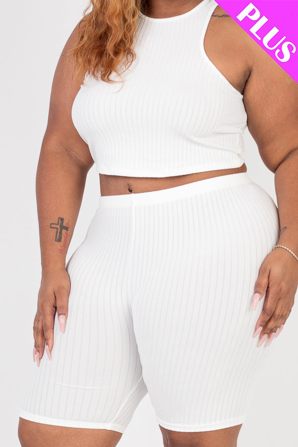 Plus Size Ribbed Cropped Tank Top and Biker Shorts Set - Capella Apparel