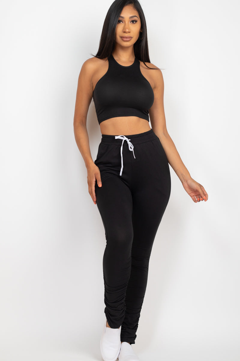 Crop Tank Top & Ruched Pants Set - Capella Apparel