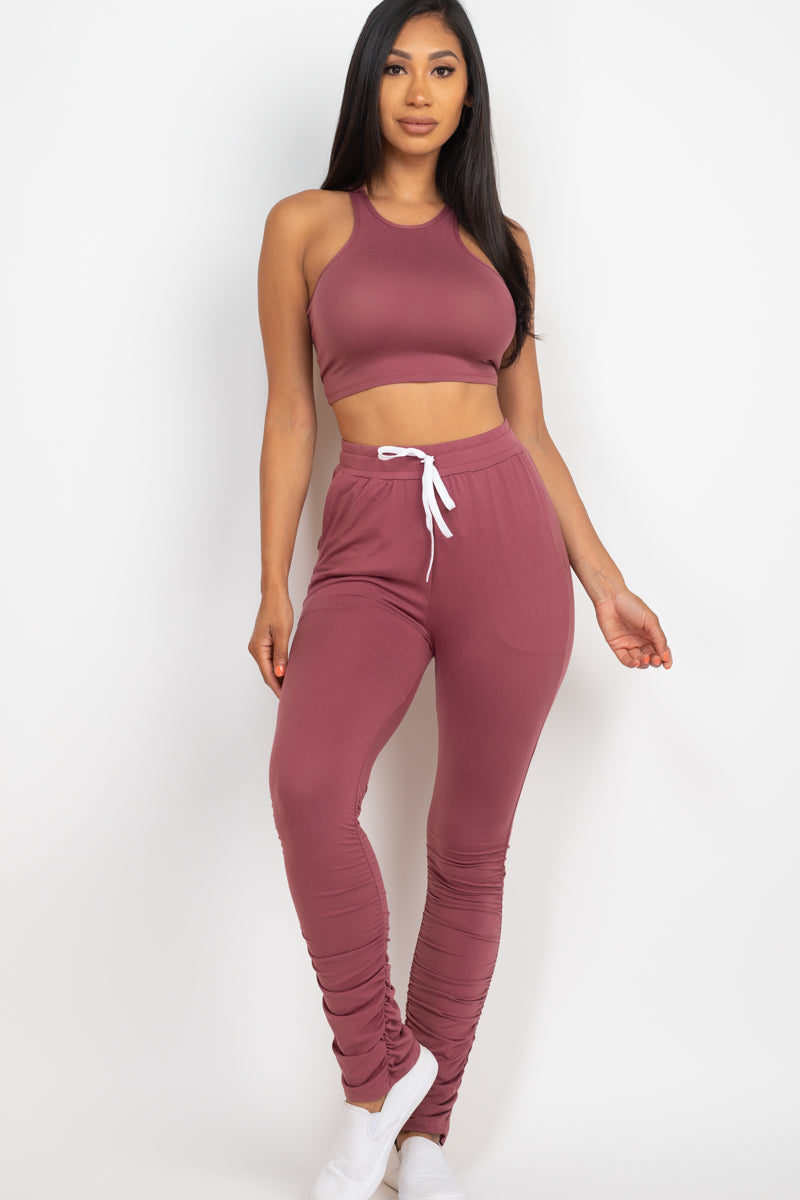 Crop Tank Top & Ruched Pants Set - Capella Apparel