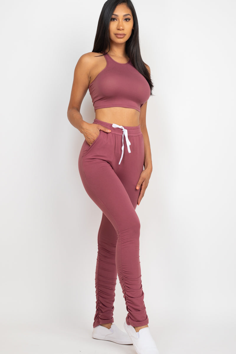 Crop Tank Top & Ruched Pants Set - Capella Apparel