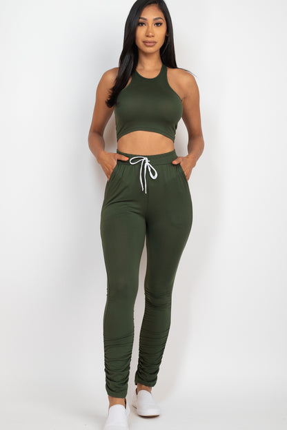 Crop Tank Top & Ruched Pants Set - Capella Apparel