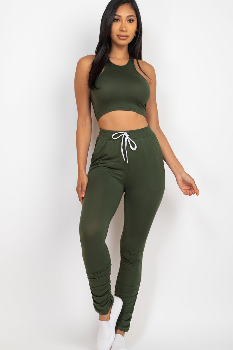 Crop Tank Top & Ruched Pants Set - Capella Apparel