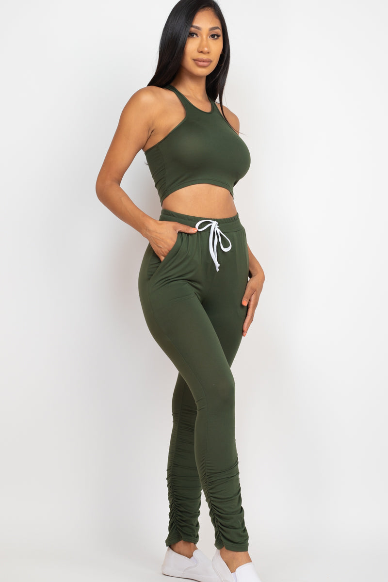 Crop Tank Top & Ruched Pants Set - Capella Apparel