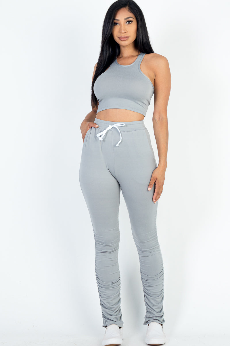 Crop Tank Top & Ruched Pants Set - Capella Apparel