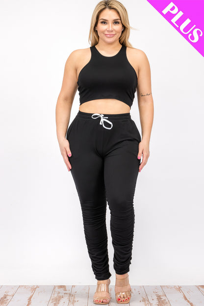 Plus Size Crop Tank Top & Ruched Pants Set - Capella Apparel