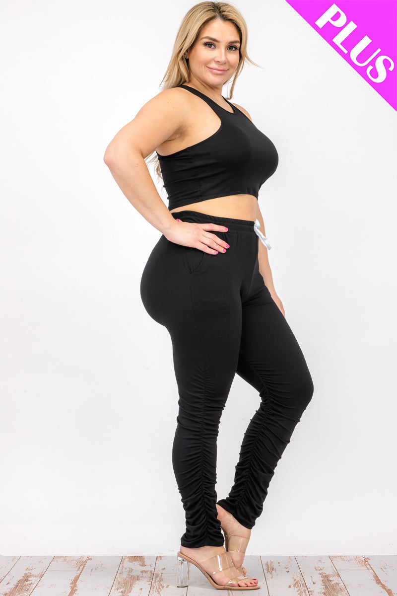 Plus Size Crop Tank Top & Ruched Pants Set - Capella Apparel