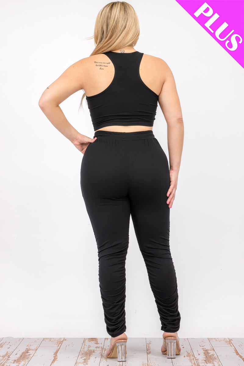 Plus Size Crop Tank Top & Ruched Pants Set - Capella Apparel