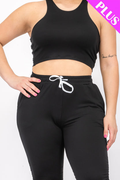 Plus Size Crop Tank Top & Ruched Pants Set - Capella Apparel