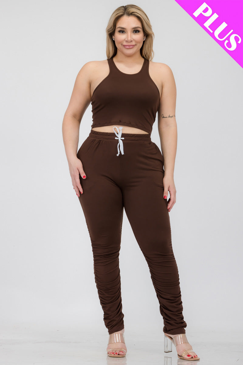 Plus Size Crop Tank Top & Ruched Pants Set - Capella Apparel