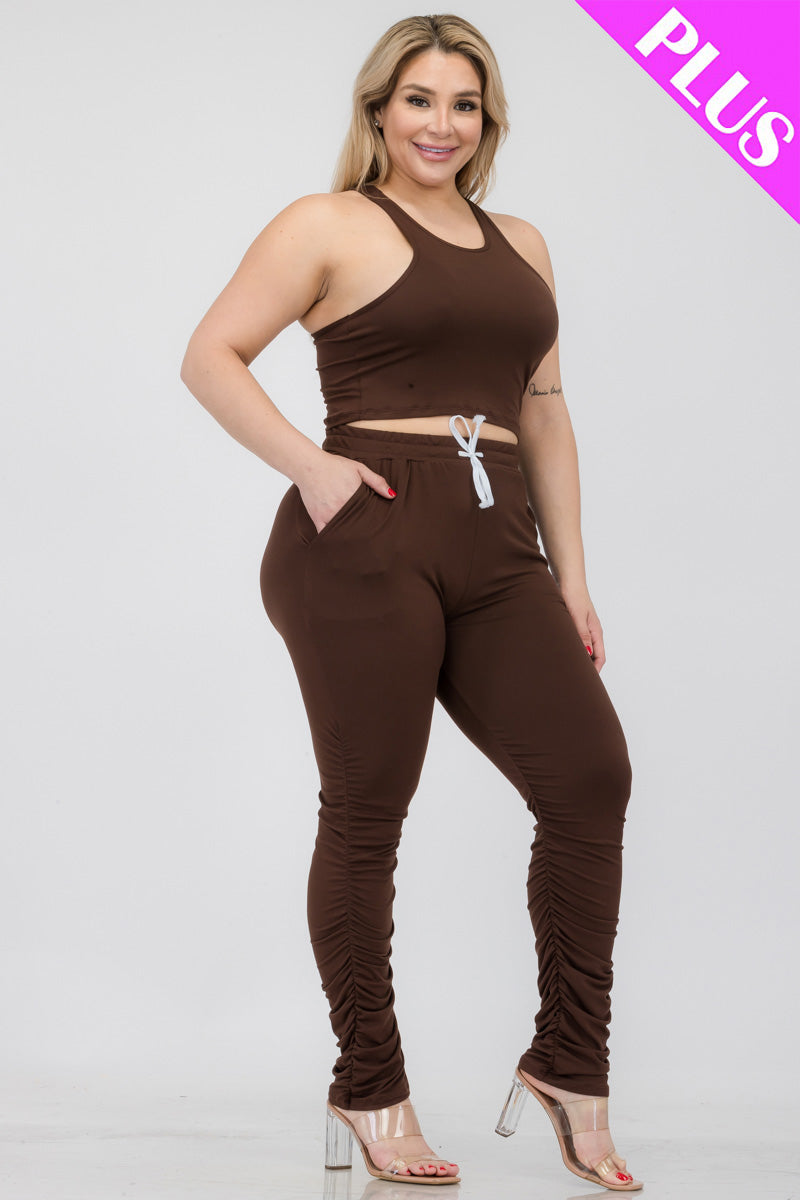 Plus Size Crop Tank Top & Ruched Pants Set - Capella Apparel