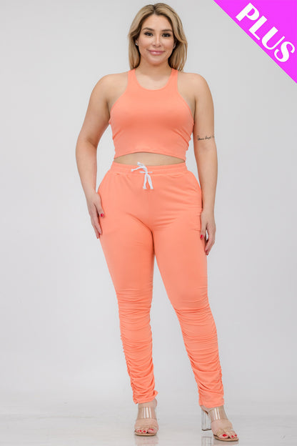 Plus Size Crop Tank Top & Ruched Pants Set - Capella Apparel