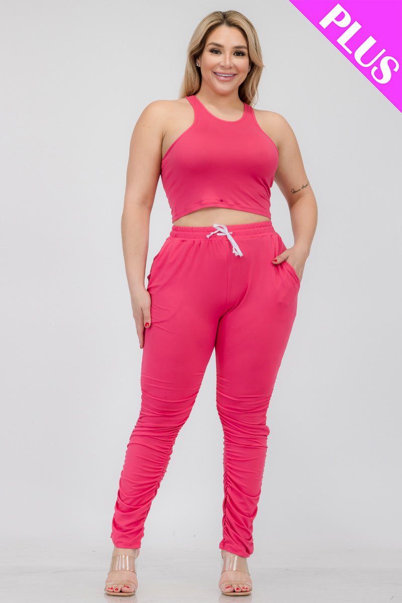 Plus Size Crop Tank Top & Ruched Pants Set - Capella Apparel