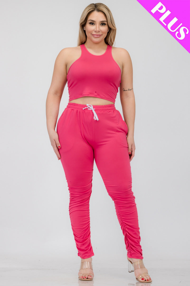 Plus Size Crop Tank Top & Ruched Pants Set - Capella Apparel