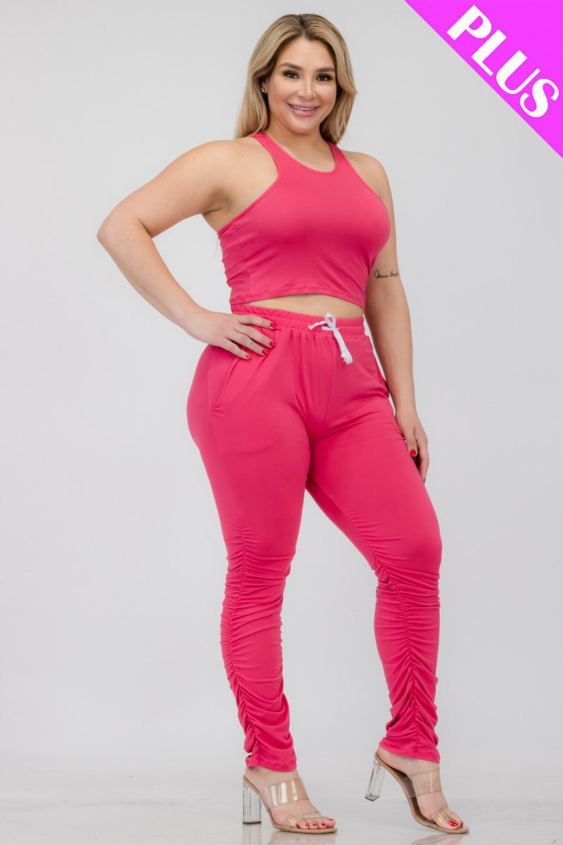 Plus Size Crop Tank Top & Ruched Pants Set - Capella Apparel