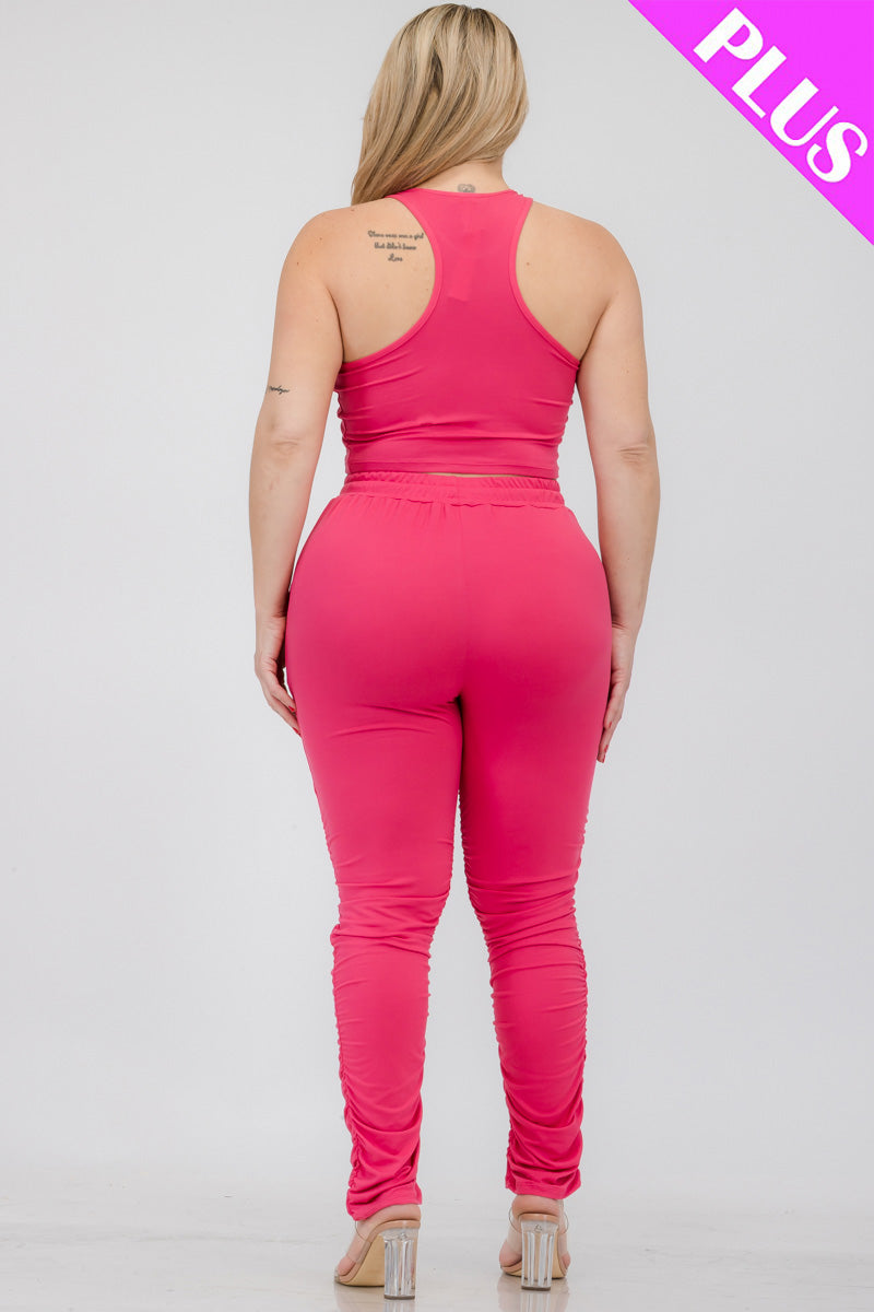 Plus Size Crop Tank Top & Ruched Pants Set - Capella Apparel